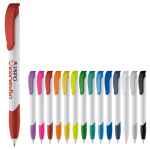 Witte plastic pen met gekleurde gebogen clip, gemaakt in de EU