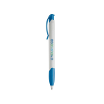 Witte plastic pen met gekleurde gebogen clip, gemaakt in de EU met afdrukgebied