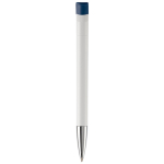Witte plastic pen met details op de drukknop kleur donkerblauw vierde weergave