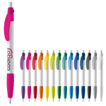 Witte pen met gekleurde details en getextureerde grip