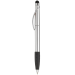 Plastic pen met stylus en gekleurde getextureerde grip kleur zilver