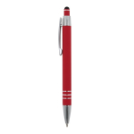 Aluminium pen met soft-touch afwerking en 3 zilveren ringen kleur rood