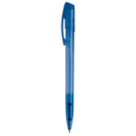 Transparante gekleurde plastic pen met gebogen clip kleur blauw