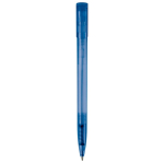 Transparante gekleurde plastic pen met gebogen clip kleur blauw derde weergave