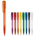 Transparante gekleurde plastic pen met gebogen clip
