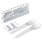 Transparante doos met een set witte plastic bestek