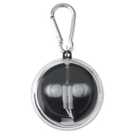 Etui met karabijnhaak inclusief oortelefoons en oplaadkabel