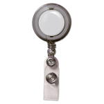 Uitschuifbare badgehouder met logo en verlengde metalen clip kleur doorzichtig grijs