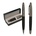 Set van metalen balpen en roller met rubberachtige grip, blauwe inkt kleur donkergrijs