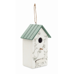 Houten hangend vogelhuisje met bloemenprint kleur wit