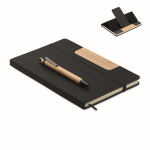 Hardback notitieboek met vilten omslag en bamboe telefoonstandaard A5 kleur zwart