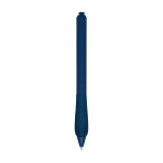 Gerecyclede plastic pen met rubberen lichaam en blauwe inkt tweede weergave achterkant