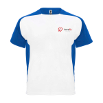 Sportief tweekleurig T-shirt voor kinderen korte mouwen kleur wit/blauw weergave zeefdruk