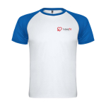 Tweekleurig sportshirt voor kinderen korte mouwen kleur koningsblauw weergave zeefdruk