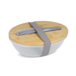Lunchbox met bamboe deksel en bestekset met elastische sluiting kleur grijs