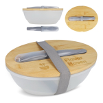 Lunchbox met bamboe deksel en bestekset met elastische sluiting