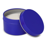 Plantaardige wax kaars in monochrome ronde pot van gerecycled staal kleur blauw derde weergave