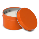 Plantaardige wax kaars in monochrome ronde pot van gerecycled staal kleur oranje derde weergave