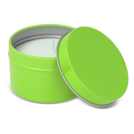 Plantaardige wax kaars in monochrome ronde pot van gerecycled staal kleur limoen groen derde weergave