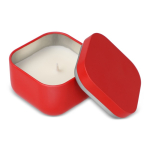 Plantaardige wax kaars met vanillegeur in vierkante metalen pot kleur rood derde weergave
