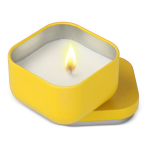 Plantaardige wax kaars met vanillegeur in vierkante metalen pot kleur geel tweede weergave