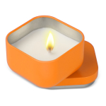Plantaardige wax kaars met vanillegeur in vierkante metalen pot kleur oranje tweede weergave