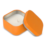 Plantaardige wax kaars met vanillegeur in vierkante metalen pot kleur oranje derde weergave