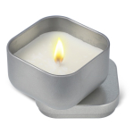 Plantaardige wax kaars met vanillegeur in vierkante metalen pot kleur zilver tweede weergave