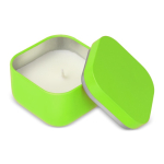 Plantaardige wax kaars met vanillegeur in vierkante metalen pot kleur limoen groen derde weergave