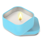 Plantaardige wax kaars met vanillegeur in vierkante metalen pot kleur lichtblauw tweede weergave
