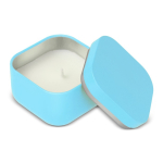 Plantaardige wax kaars met vanillegeur in vierkante metalen pot kleur lichtblauw vierde weergave