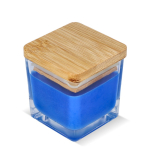 Plantaardige wax kaars in glazen pot met bamboedeksel kleur blauw