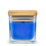 Plantaardige wax kaars in glazen pot met bamboedeksel kleur blauw vierde weergave