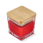Plantaardige wax kaars in glazen pot met bamboedeksel kleur rood