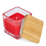 Plantaardige wax kaars in glazen pot met bamboedeksel kleur rood derde weergave