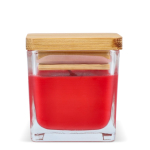Plantaardige wax kaars in glazen pot met bamboedeksel kleur rood vierde weergave