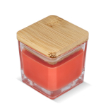 Plantaardige wax kaars in glazen pot met bamboedeksel kleur oranje