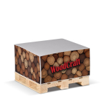 Notitieblok van 420 blanco FSC-vellen op houten pallet 10x10x5 cm