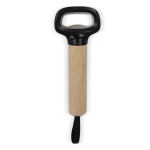 Flesopener van ABS en staal met houten handvat en draaglint kleur zwart