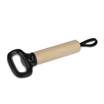 Flesopener van ABS en staal met houten handvat en draaglint kleur zwart tweede weergave