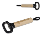 Flesopener van ABS en staal met houten handvat en draaglint