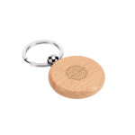 Ronde sleutelhanger van natuurlijk beukenhout met metalen ring kleur naturel afbeelding met logo