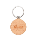 Ronde sleutelhanger van natuurlijk beukenhout met metalen ring met afdrukgebied