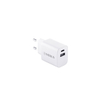Netadapter van gerecycled plastic met twee USB-poorten kleur wit afbeelding met logo