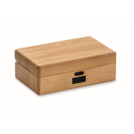 Draadloze koptelefoon met microfoon in een bamboe hoes kleur hout tweede weergave