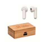 Draadloze koptelefoon met microfoon in een bamboe hoes kleur hout weergave met bedrukking