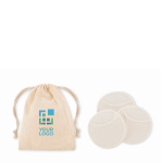 Set van 3 herbruikbare en wasbare schijfjes voor gezichtsreiniging kleur beige weergave met bedrukking