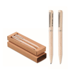 Set van 2 balpennen van tarwestro, blauwe inkt en grafiet kleur beige weergave met bedrukking