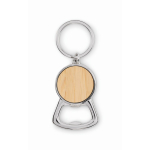 Metalen flesopener-sleutelhanger met bamboe cirkeldetail kleur hout