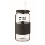 Borosilicaat glas met bijpassend rietje en siliconen band 550ml kleur zwart weergave met bedrukking